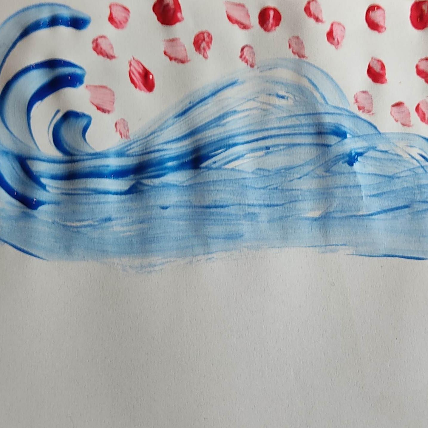 Dessins abstrait, une zone bleu ayant un peu la forme d'une baleine et au-dessus des tâches rouges